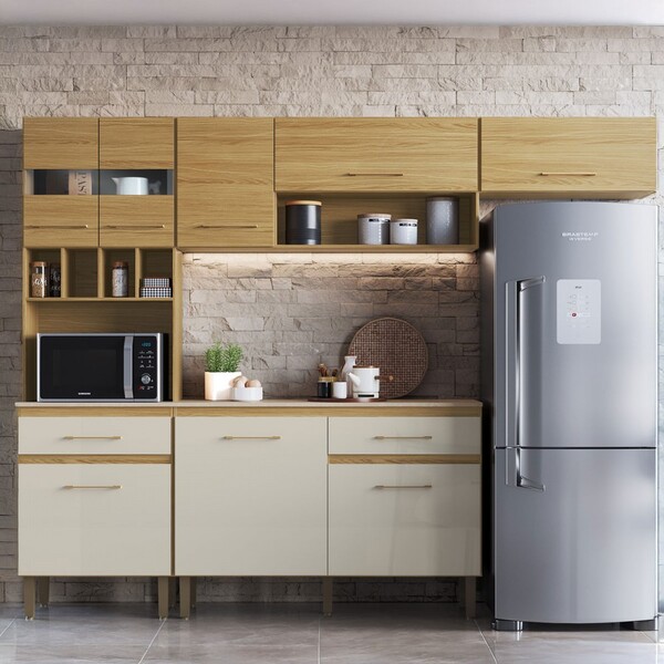 Cozinha Completa Santiago 8 Portas 2 Gavetas Com Vidro Ipê/cr