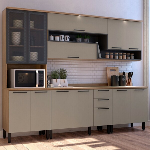 Cozinha Completa Thela Caiena 12 Portas 3 Gavetas Mel/fumê 90