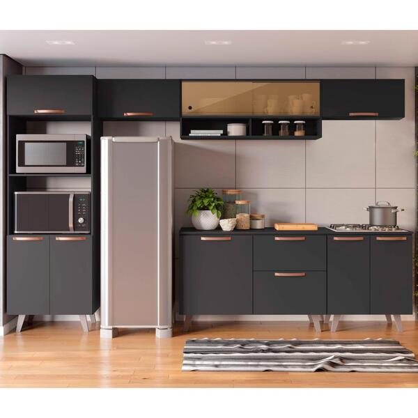 Cozinha Completa Thela Emília 6 Pçs C/ Vidro E Balcão Preto