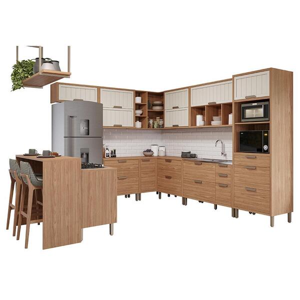 Cozinha De Canto Modulada Estela 13 Peças Com Ilha Gourmet E