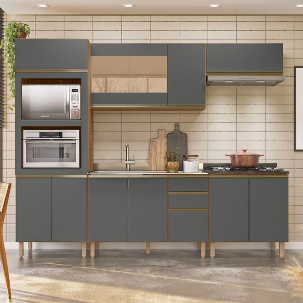 Cozinha Frank Com Tampo Cooktop 11 Portas Carvalho Chumbo Tan