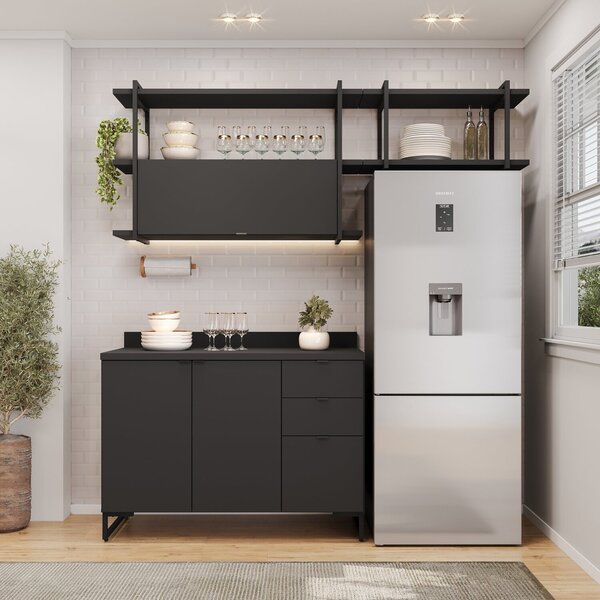 Cozinha Modulada 3 Peças Balcão 120cm, 2 Nichos Aéreo Iron Es