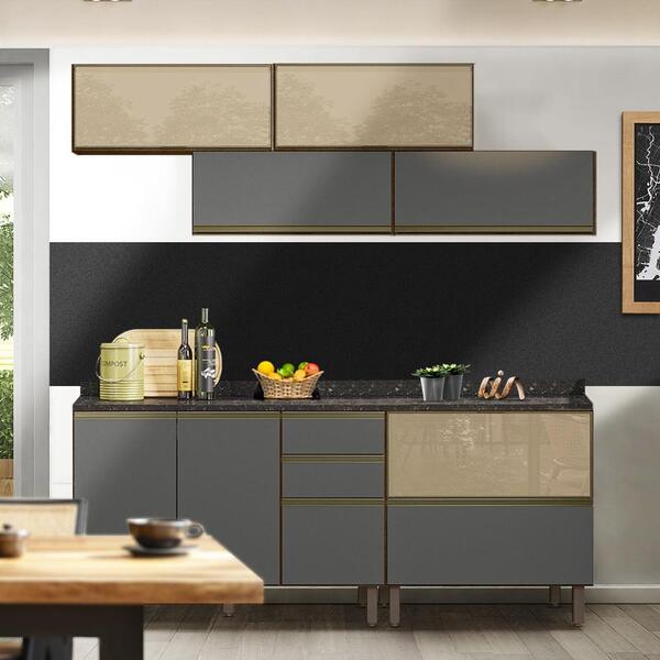 Cozinha Modulada 7 Portas 4 Gavetas Amêndoa Chumbo Koli Shop