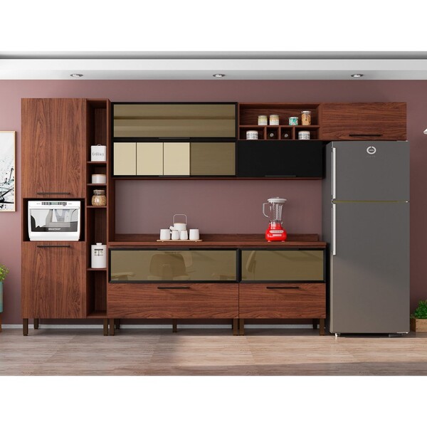 Cozinha Modulada 8 Peças Viv Concept C06 Nogueira/black - Kit´s Cozinha Modulada 8 Peças Viv Concept C06 Nogueira/black - Kit´s