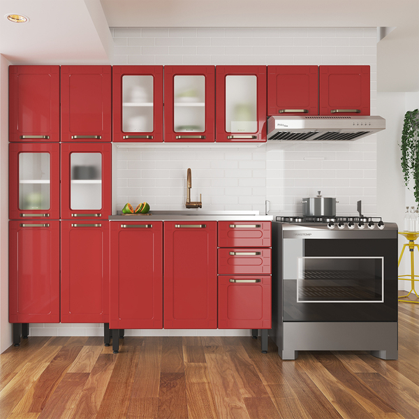 Cozinha Modulada Colors Em Aço E Vidro Com Pia Vermelho Berto