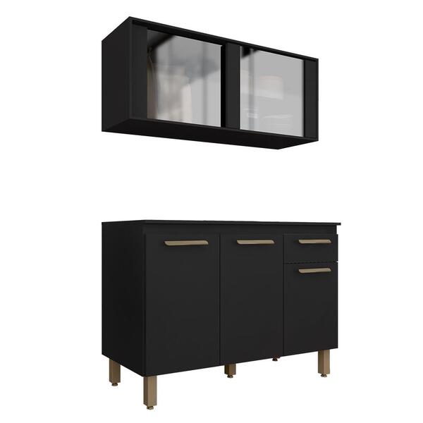 Cozinha Modulada Com Vidro 2 Peças Tieli Preto - Móveis Arapo