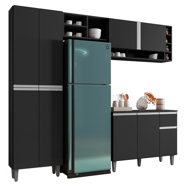 Cozinha Modulada Completa Vanessa 5 Peças 230cm Preto Fosco -