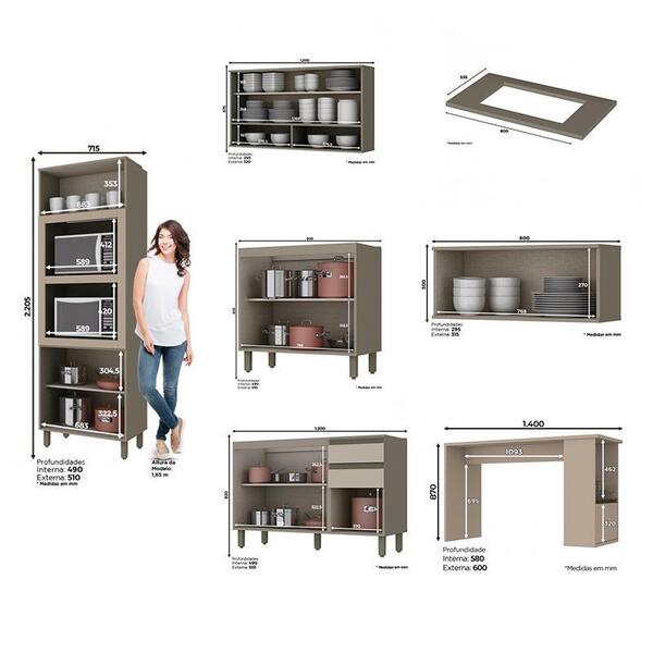 Cozinha Modulada Connect 6 Peças Com Ilha Gourmet - Móveis He