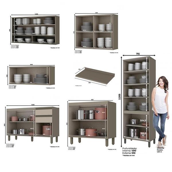 Cozinha Modulada Connect 7 Peças Com Cristaleira - Móveis Henn