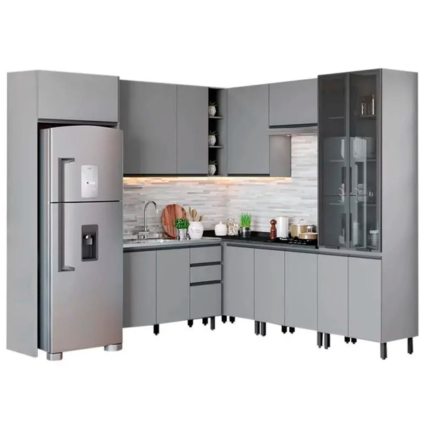Cozinha Modulada De Canto Completa 11 Peças Amentize H02 Cinz