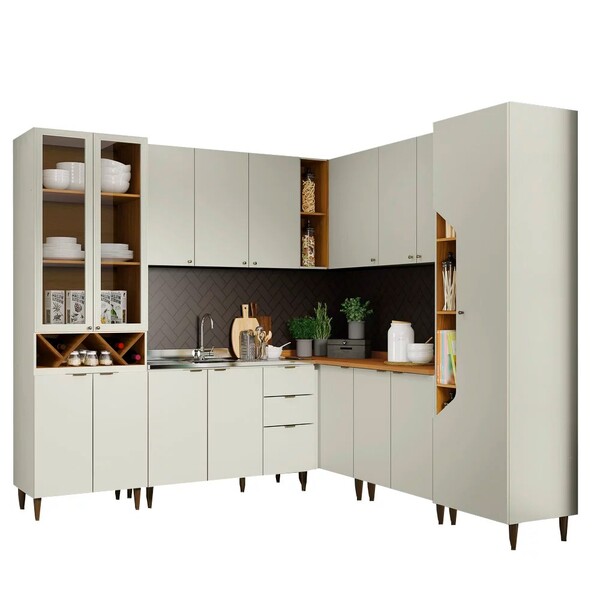 Cozinha Modulada De Canto Completa 8 Peças Essência Areia/nat