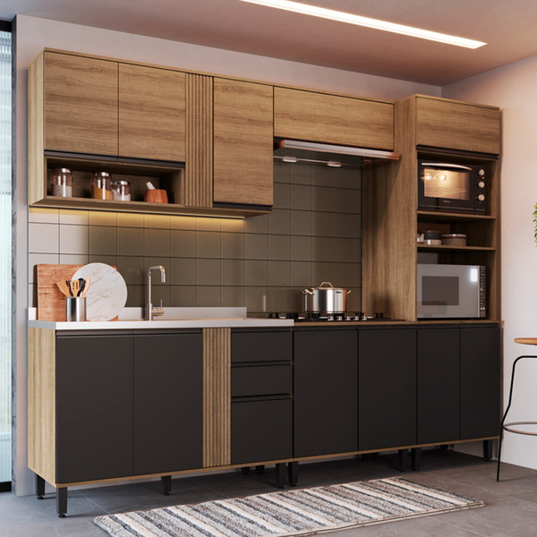 Cozinha Modulada Laura Com Balcão Pia 263 Cm Cooktop Armário Nicho ...