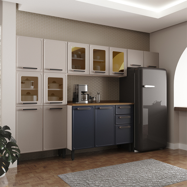 Cozinha Modulada Origens Em Aço E Vidro Sem Pia Areia E Navy