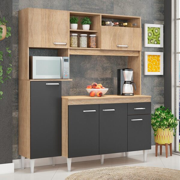 Cozinha Pequena Laís 162 Cm Armário Nicho Microondas Balcão T