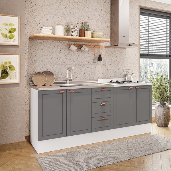 Cozinha Pérola Com Rodapé 2 Peças Balcão 2 Gavetas 3 Portas E