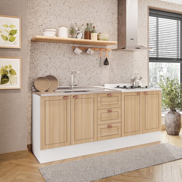 Cozinha Pérola Com Rodapé 2 Peças Balcão 2 Gavetas 3 Portas E