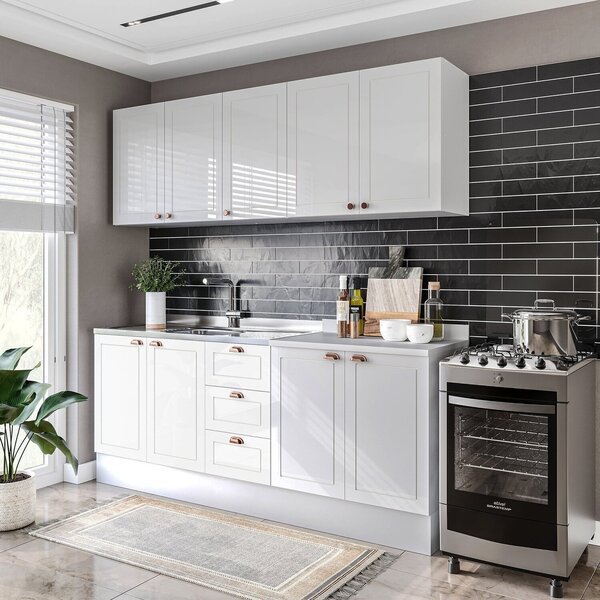 Cozinha Pérola Com Rodapé 4 Peças Aéreos Com 5 Portas, Balcão