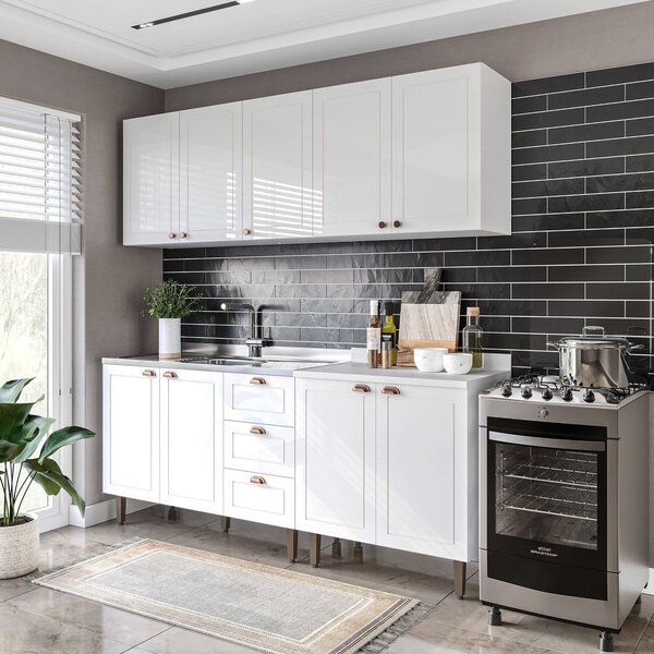 Cozinha Pérola Com Rodapé 4 Peças Aéreos Com 5 Portas, Balcão