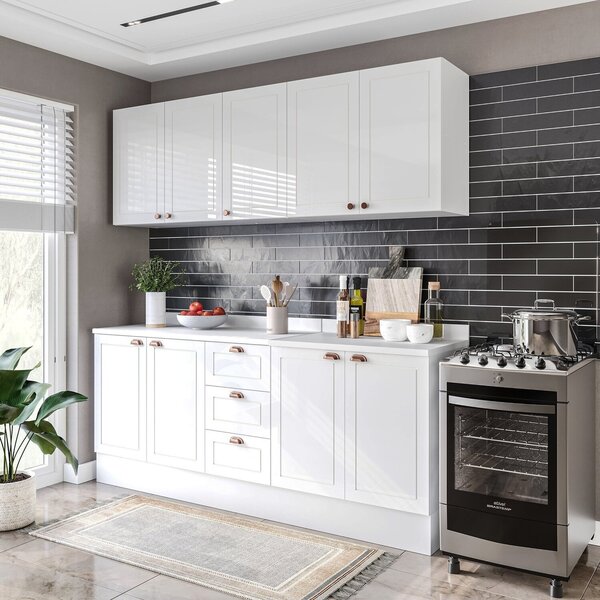 Cozinha Pérola Com Rodapé E Tampo Aéreos Com 5 Portas, Balcão