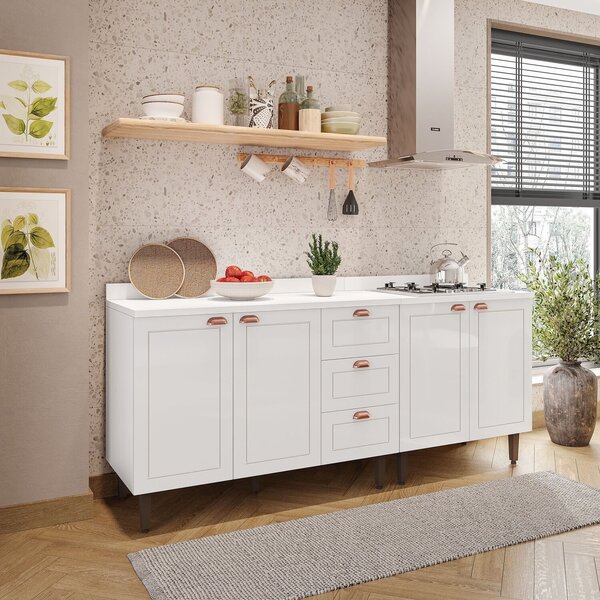 Cozinha Pérola Com Tampo 2 Peças Balcão 2 Gavetas 3 Portas E