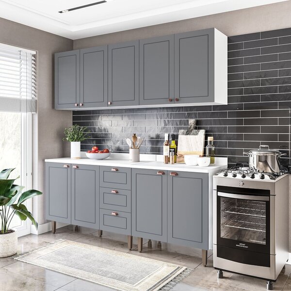 Cozinha Pérola Com Tampo 4 Peças Aéreos Com 5 Portas, Balcão