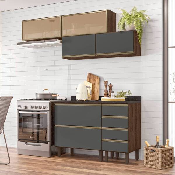 Cozinha Recife Com Tampo 25mm 4 Portas Amêndoa Chumbo Tana De