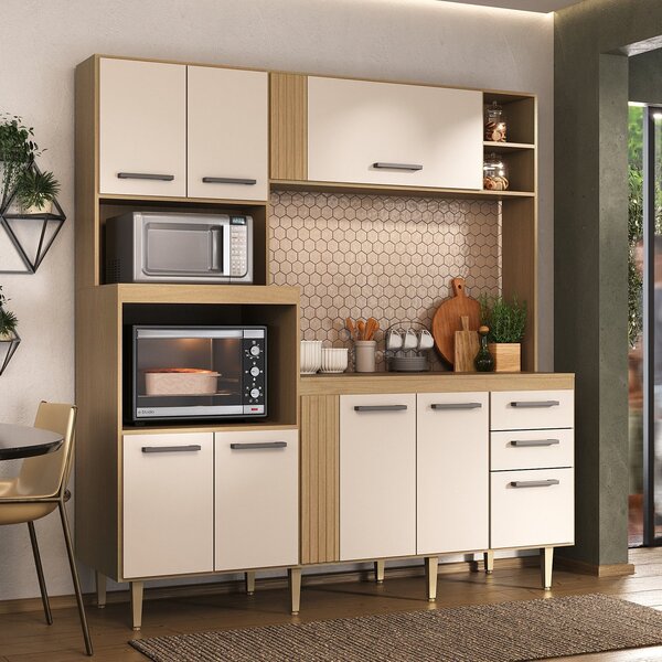 Cozinha Ripada Compacta 8 Portas 2 Gavetas Grazi Freijó/areia