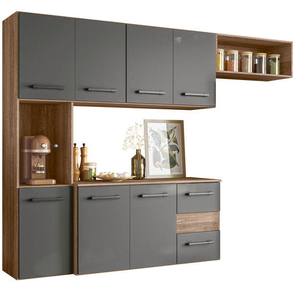 Cozinha Suspensa 07 Portas 02 Gavetas Carvalho Rústico Com Ch