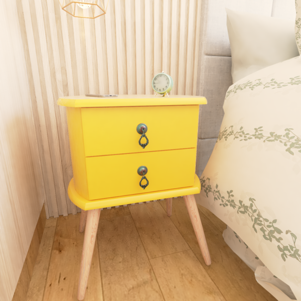 Criado Retro Em Madeira Maciça Laqueado B3 Amarelo