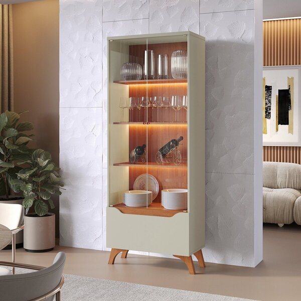 Cristaleira 2 Portas 1 Gaveta 3 Prateleiras Com Led Pés Em Ma