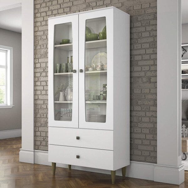 Cristaleira 2 Portas Em Vidro 2 Gavetas Liz Móveis Henn Branc