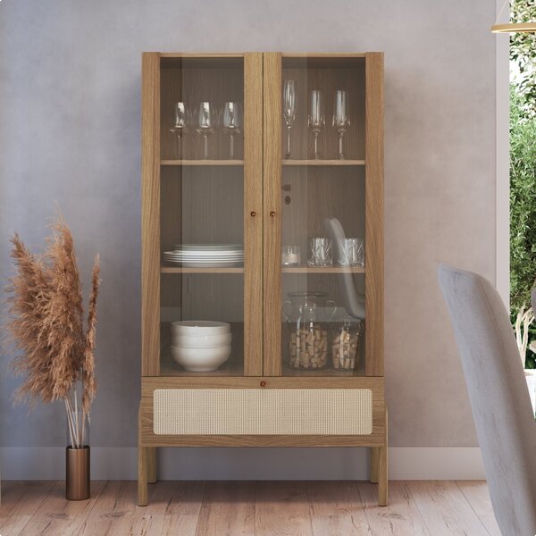 Cristaleira 2 Portas Vidro 1 Gaveta 83cm Palhinha Pé Madeira