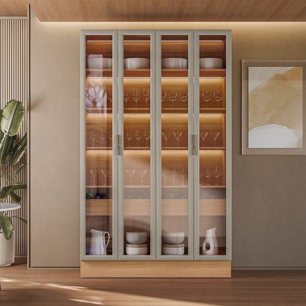 Cristaleira 4 Portas 2 Gavetas Com Led Allure Jequitibá/gris