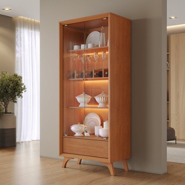 Cristaleira Com Adega E Iluminação Led Com Pés Em Madeira Mac