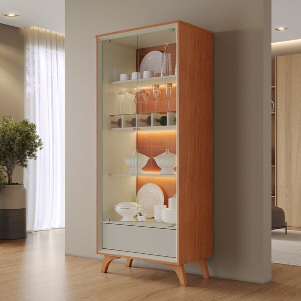 Cristaleira Com Adega E Iluminação Led Com Pés Em Madeira Mac