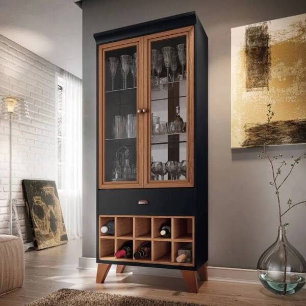 Cristaleira Com Adega Laura 2 Portas 1 Gaveta Nature Preto Ta