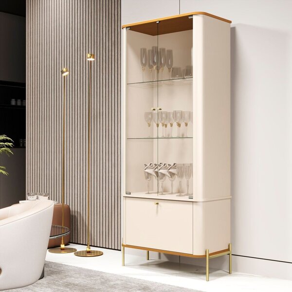 Cristaleira Curva 3 Prateleiras E Portas Em Vidro Puxador E P