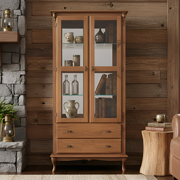 Cristaleira De Madeira Colonial Com Espelho 2 Portas 3 Pratel