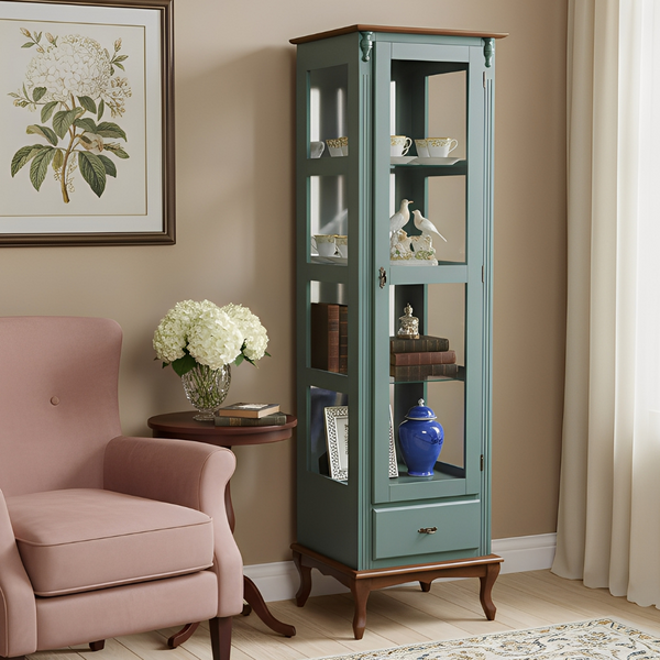 Cristaleira De Madeira Rústica Com 1 Porta, 1 Gaveta, Vidro E