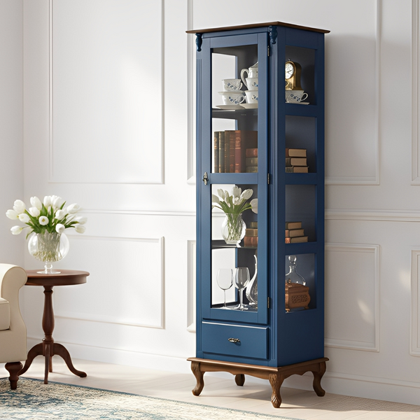 Cristaleira De Madeira Rústica Com 1 Porta, 1 Gaveta, Vidro E