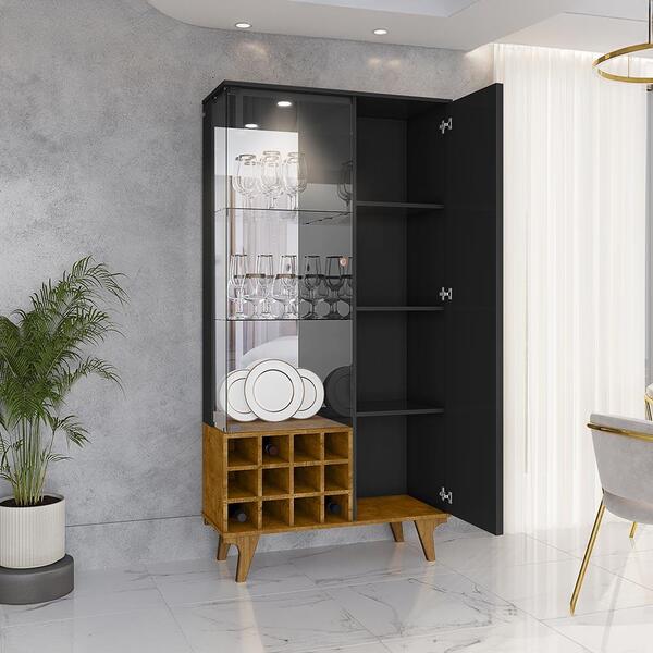 Cristaleira De Vidro 2 Portas Led Ripado Preto Fosco Naturall