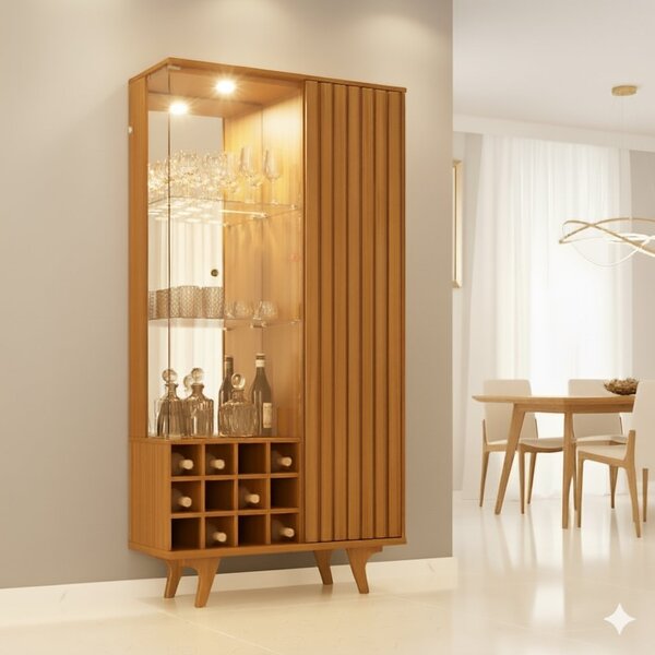 Cristaleira Elba Ripado Real Portas De Vidro Pés De Madeira M