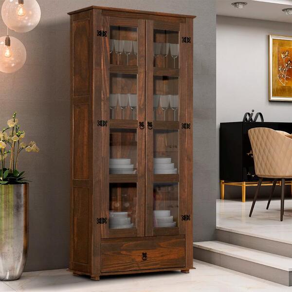 Cristaleira Madeira Maciça 2 Portas Vidro 1 Gaveta Imbuia Nik