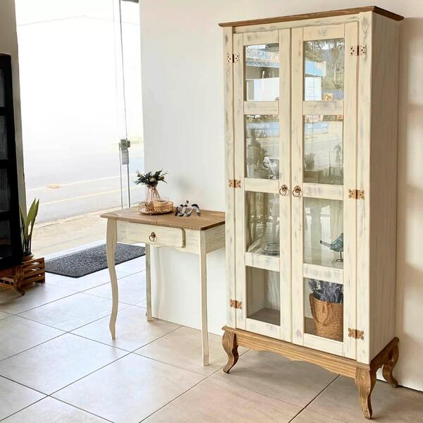 Cristaleira Madeira Maciça Com Aparador Rústico Branco Garapa