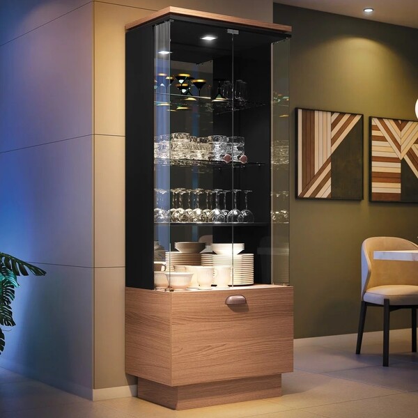 Cristaleira Ônix Com Led 2 Portas 1 Gaveta Nature Preto Tana