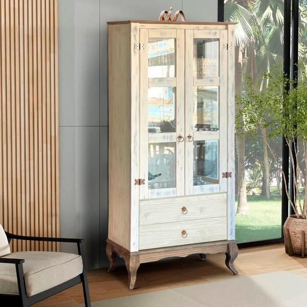 Cristaleira Retrô 2 Portas Vidro Madeira Maciça Branco Garapa