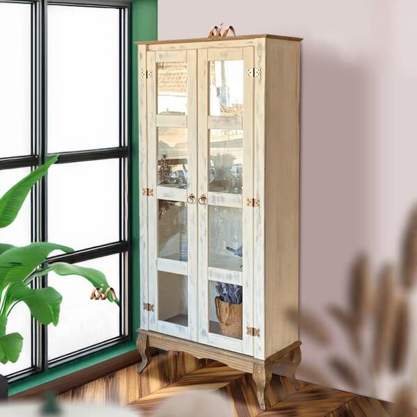 Cristaleira Retrô 2 Portas Vidro Madeira Maciça Branco Garapa