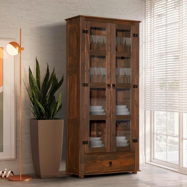 Cristaleira Retrô Madeira Maciça 2 Portas Vidro 1 Gaveta Imbu