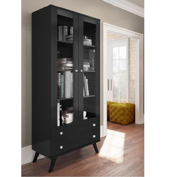 Cristaleira Retrô Preta 2 Portas De Vidro E 2 Gavetas