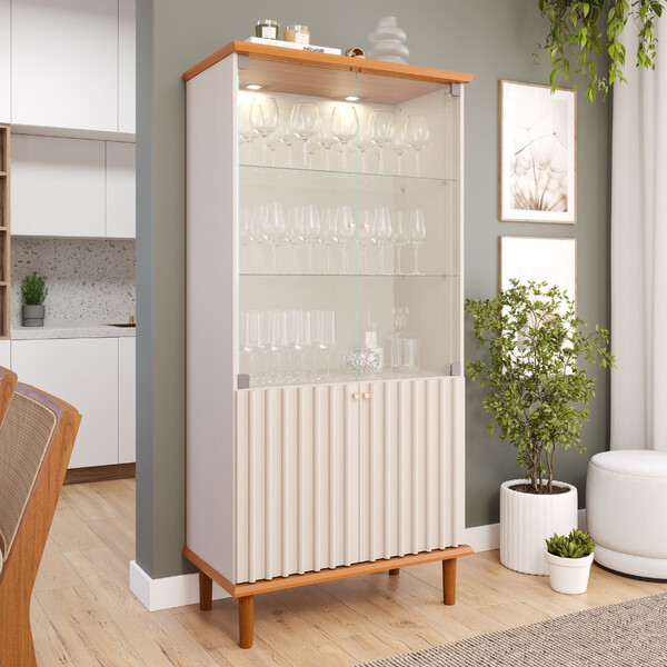 Cristaleira Ripada Com Led E Vidro 4 Portas Com Pés De Madeir